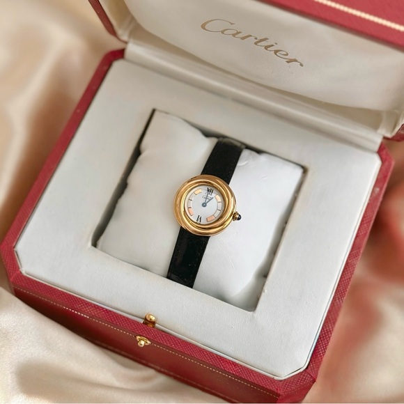 AUTHENTIC RARE VINTAGE CARTIER TRINITY WATCH - BLACK LEATHER STRAP - WITH BOX - Picture 8 of 8